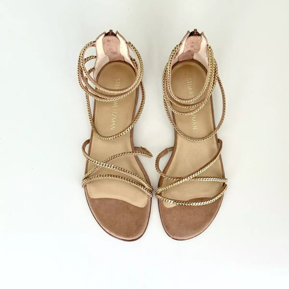 NIB Stuart Weitzman Chaindown Strappy Flat Sandals in Cashew Suede Size 7.5